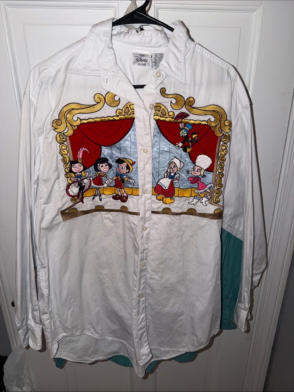 Vintage Disney White Button-Up Shirt with Red & Gold Pinocchio Theatre Panel
